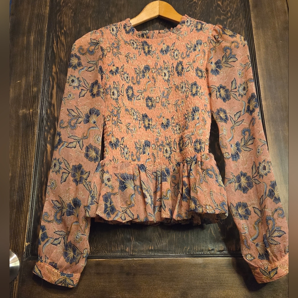 Patrons of Peace Floral Peplum Blouse - Peach and Navy